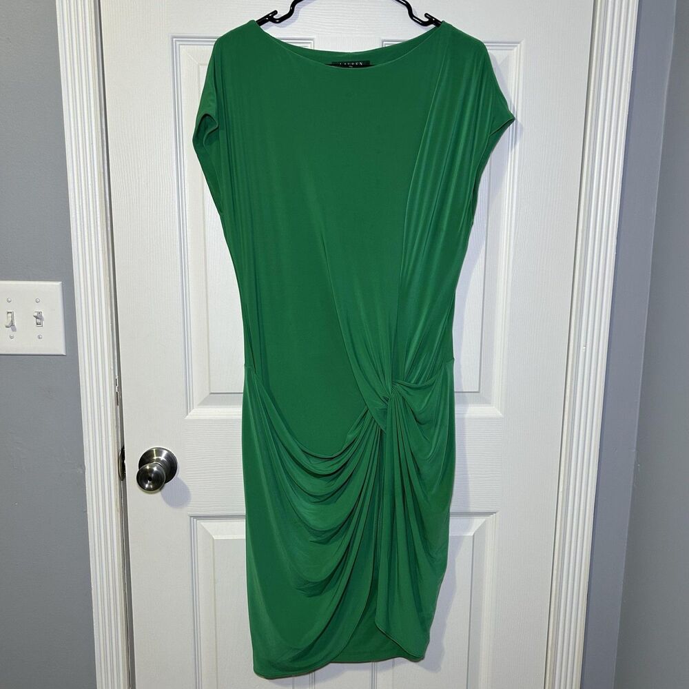 Lauren Ralph Lauren Dress Women's 12 Green Draped Ruched Sheath Knee Length